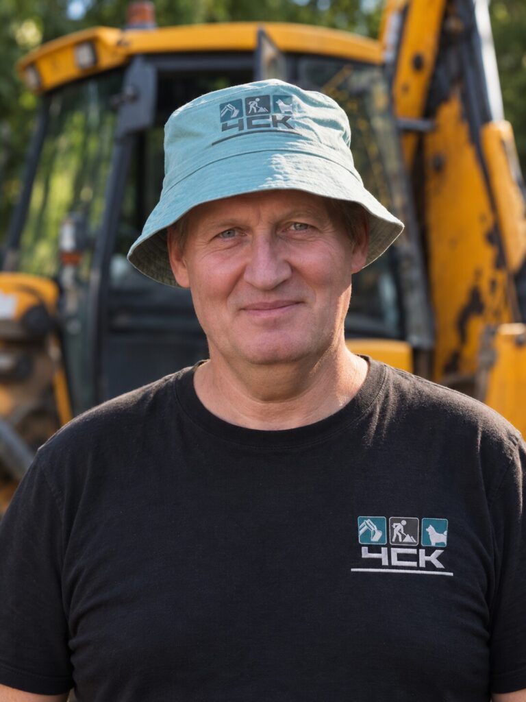 Алексей Смирнов, тракторист-машинист ЧСК, в панаме на фоне экскаватора-погрузчика